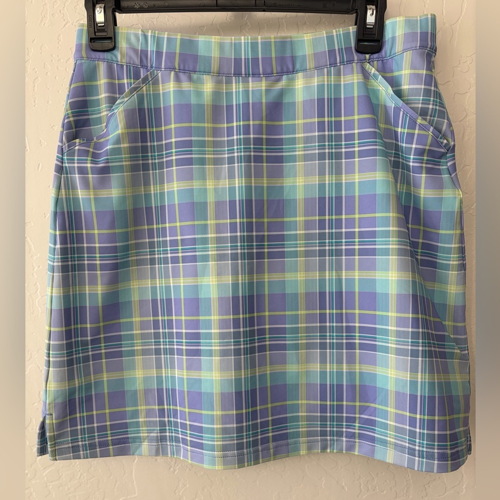 Peter Millar Skort Womens Medium Blue Green Plaid Pull On UPF 50 Pockets Golf
